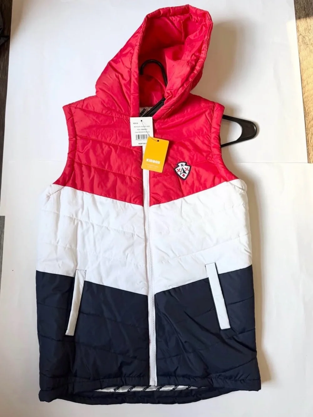 Kids Hooded Colorblock Puffer Vest - Red/White/Navy Boys Size XL